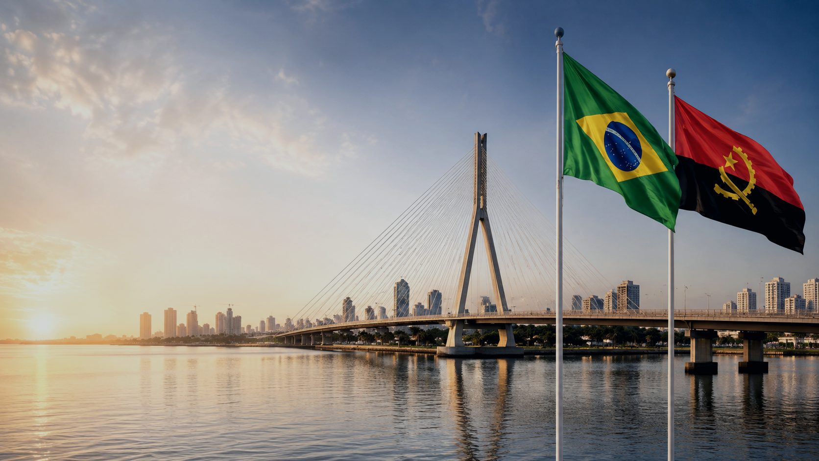 Ponte estaiada ao amanhecer com as bandeiras do Brasil e de Angola.