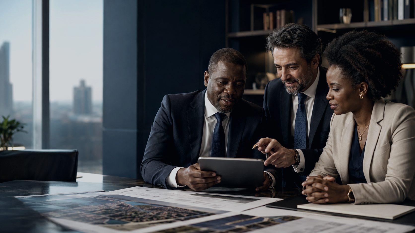 Três executivos analisando documentos e um tablet em uma sala de reuniões corporativa.