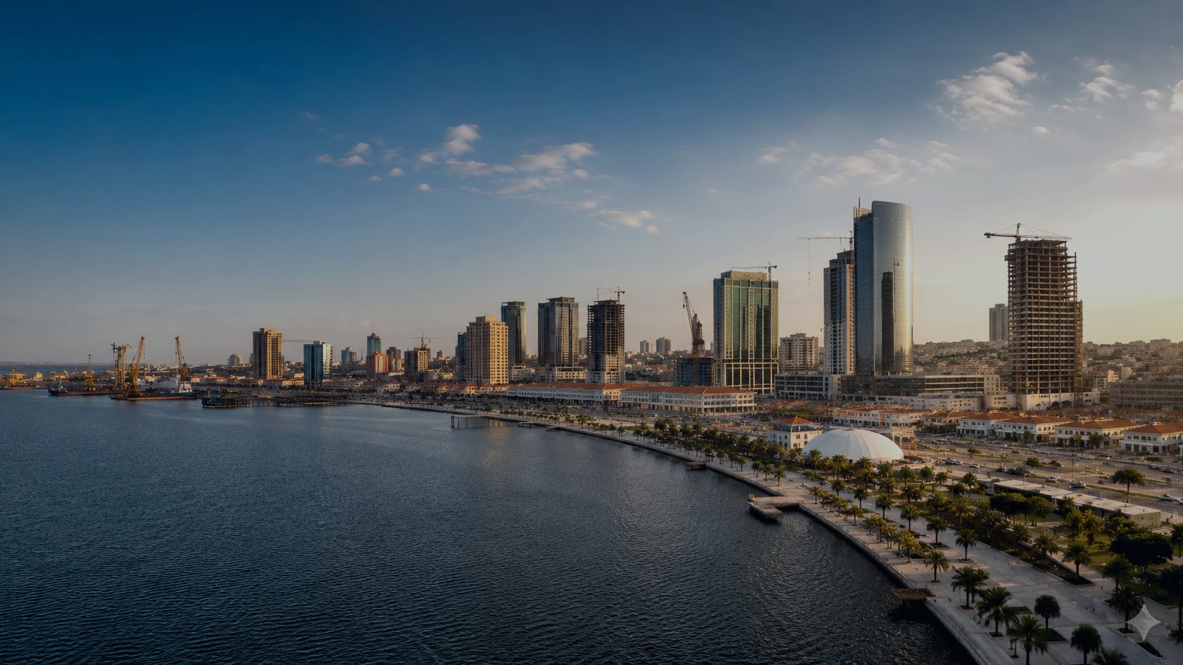 Baía de Luanda durante o dia, com o porto, guindastes e prédios em construção.
